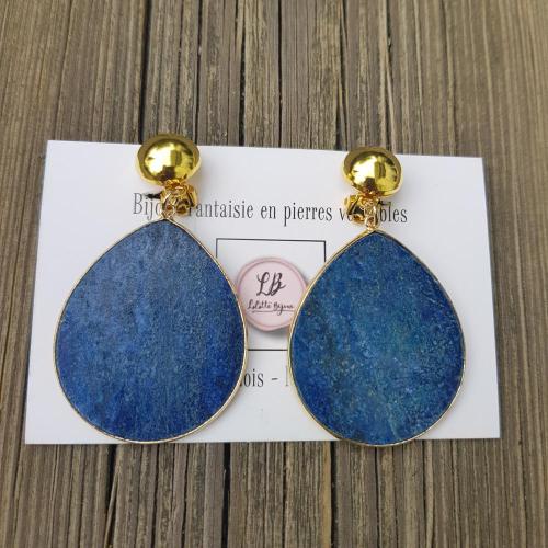 Boucles d'oreilles clips dorées Maxi Gouttes Lapis-Lazuli