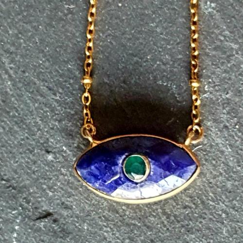 Collier gri-gri oeil protecteur en Saphir indien bleue pierre  naturelle